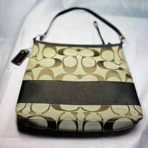 COACH Signature Stripe Khaki Dark Brown Jacquard Shoulder Bag